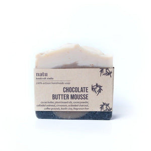 Chocolate Butter Mousse Soap with a label