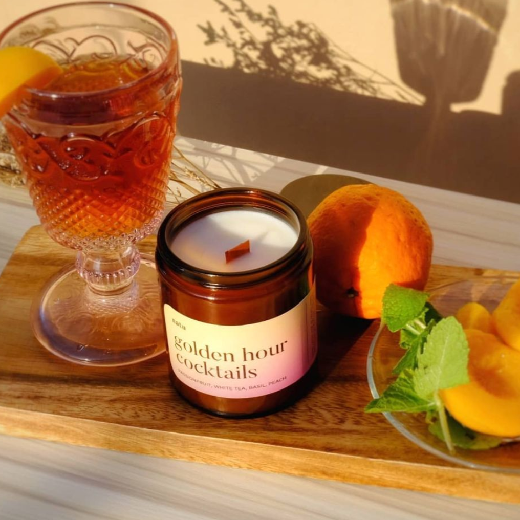 Golden Hour Cocktails Peach Tea Basil Passionfruit Scented Candle Natu Handcraft Studio